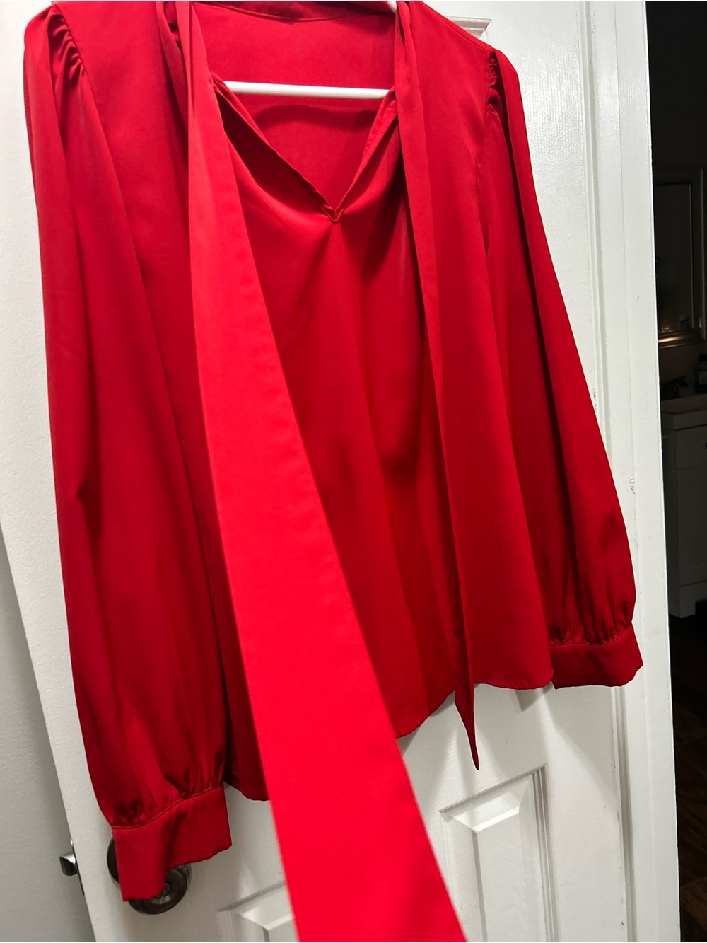 Red Women's Blouse with Tie Neck